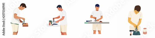Photos Flat illustration set of a young male barista tamping ground coffee and preparing espresso in various poses, isolated on a white background