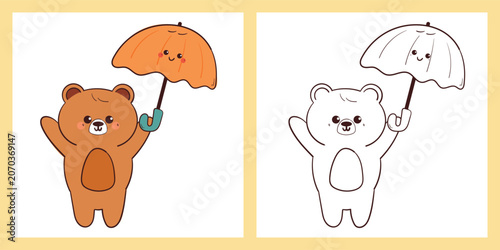 coloring page of cute hand drawn cartoon bear with orange umbrella character