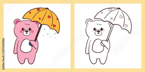 coloring page of cute hand drawn cartoon bear with yellow umbrella