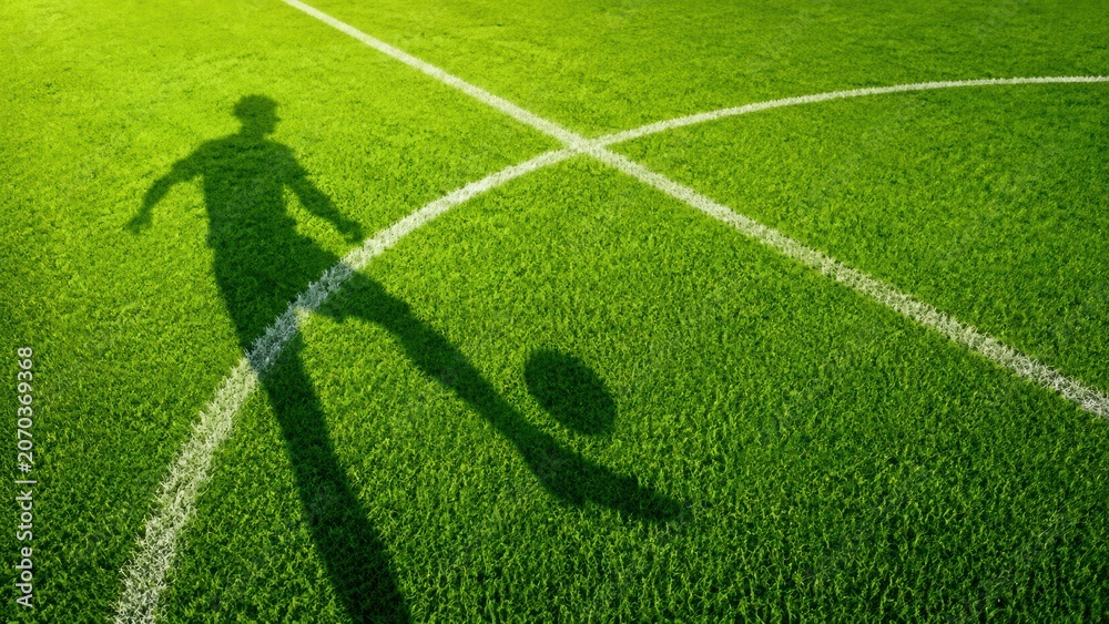 Obraz premium soccer player shadow kicking ball on green stadium turf with white pitch lines, football action and sports marketing concept