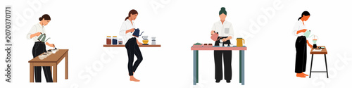 Foto Minimalist vector illustration set of female baristas preparing specialty coffee using manual brewing and cupping techniques, isolated on a white background