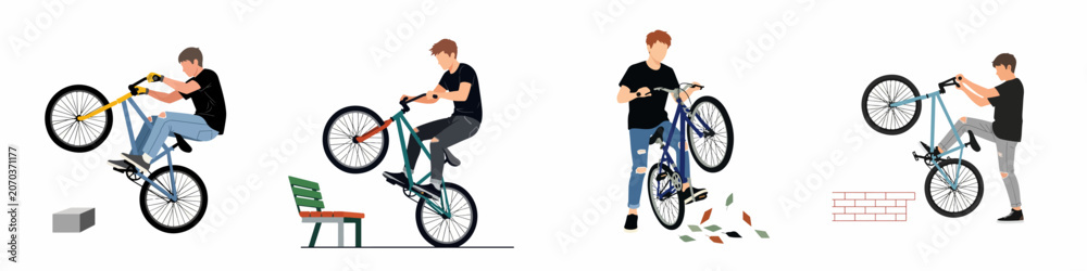Naklejka premium Set of vector illustrations featuring a young man performing various bike stunts and tricks like wheelies in urban settings on a white background.