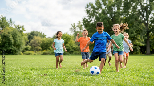 Diverse group of children playing soccer in a park. Happy kids running and kicking a ball on a green grassy field during summer