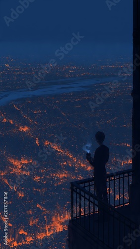 Digital illustration showing a male standing on a high balcony at night. He holds a steaming cup while looking down at a vast futuristic city illuminated by glowing orange lights under