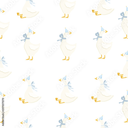 Seamless Cute Goose Birthday Pattern with Blue Party Hats and Bows