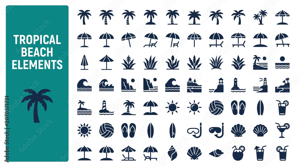 Fototapeta premium Flat Vector Tropical Beach Icon Set with Palm Trees and Summer Vacation Elements