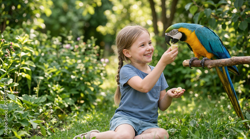 Smiling young girl feeding a piece of banana to a blue and yellow macaw. Child interacting with a large exotic pet parrot in a green garden