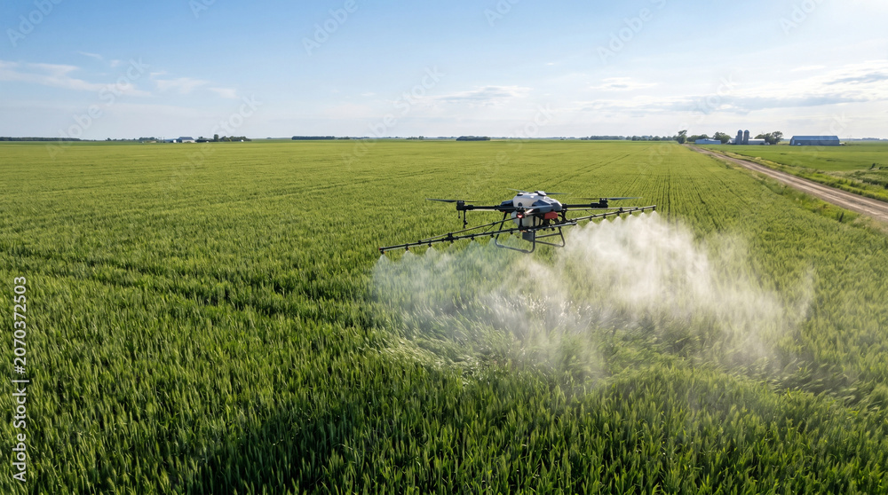 Fototapeta premium Agricultural Drone Spraying Pesticides Over Vast Green Wheat Field