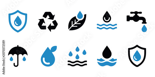 Tableau sur toile Sustainability and liquid resource icon collection featuring blue water droplets with eco friendly signs