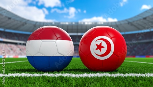 Two soccer balls in flags colors on a stadium blurred background. Tunisia vs Netherlands 3D image.