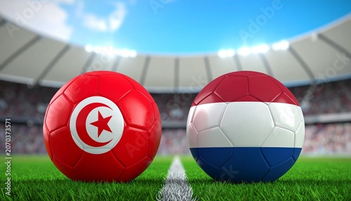 Two soccer balls in flags colors on a stadium blurred background. Tunisia vs Netherlands 3D image.