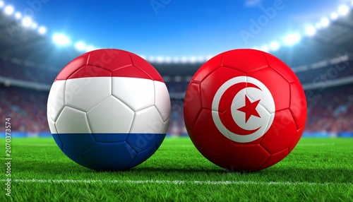 Two soccer balls in flags colors on a stadium blurred background. Tunisia vs Netherlands 3D image.