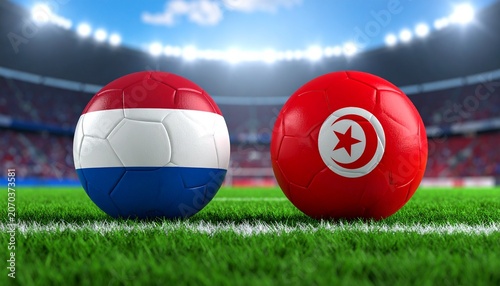 Two soccer balls in flags colors on a stadium blurred background. Tunisia vs Netherlands 3D image.