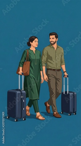 Couple walking with luggage together.