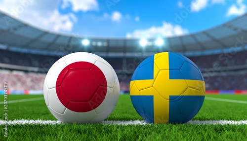 Two soccer balls in flags colors on a stadium blurred background. Japan vs Sweden 3D image.