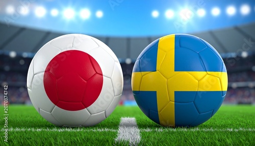 Two soccer balls in flags colors on a stadium blurred background. Japan vs Sweden 3D image.