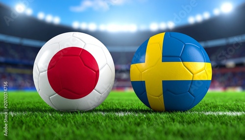 Two soccer balls in flags colors on a stadium blurred background. Japan vs Sweden 3D image.