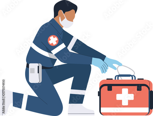 Bild auf Leinwand Emergency medical paramedic wearing protective face mask kneeling next to first