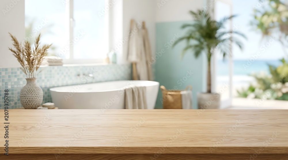 Fototapeta premium Wooden Table Countertop in Bright Coastal Bathroom Mockup for Product Display with Tropical Beach View and Luxury Tub