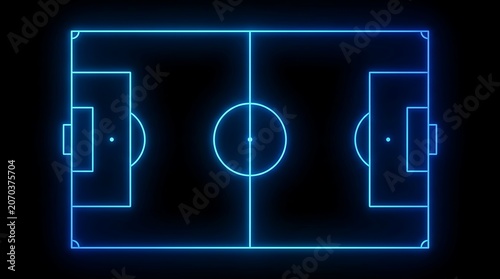 Neon blue glowing soccer field outline on dark background, top view, minimalist vector illustration for sports design