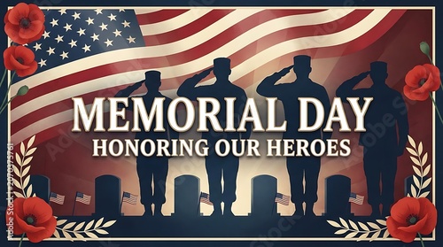 Memorial Day tribute banner with saluting soldiers, American flag, poppies, and gravestones honoring fallen heroes