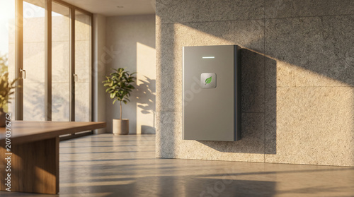 Modern home energy storage system mounted on wall in sunlit minimalist living space