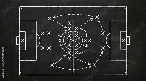 Tactical soccer play diagram with arrows and player movements on a chalkboard, strategic game plan illustration