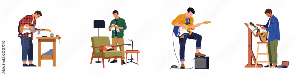Fototapeta premium Set of flat vector illustrations showing men playing, cleaning, and maintaining electric and acoustic guitars in different settings.