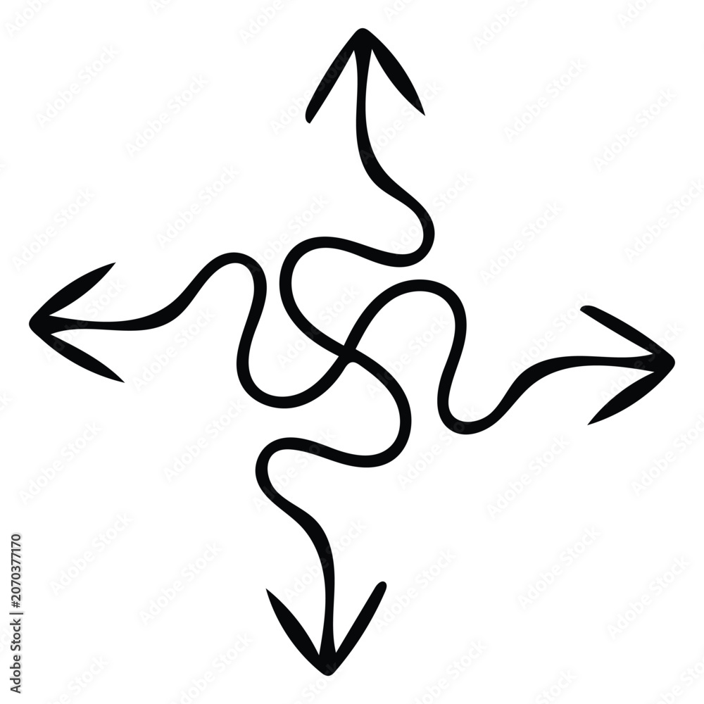 Fototapeta premium Single black hand drawn arrow shape with four wavy arms pointing in different directions isolated on a white background.