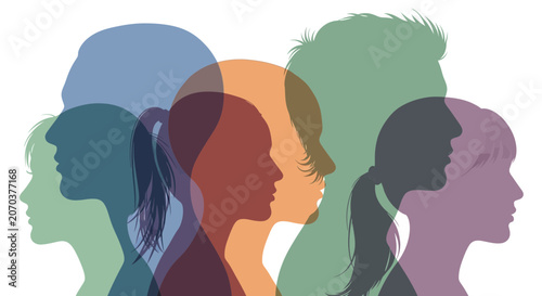 Diverse group of people silhouettes profile view