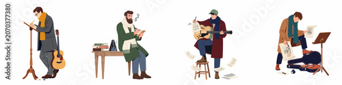 Fotografía Collection of flat illustrations showing male musicians and songwriters in winter coats composing music, writing lyrics, and playing guitars on a white background