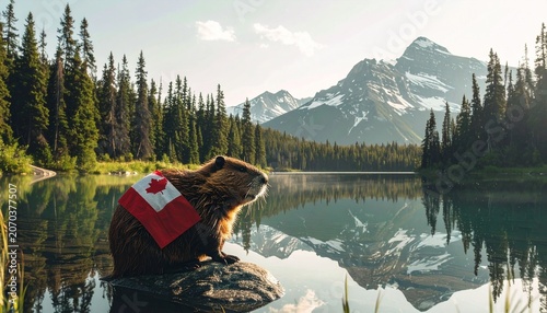 Canadian beaver draped in flag beside lake and snowy mountains