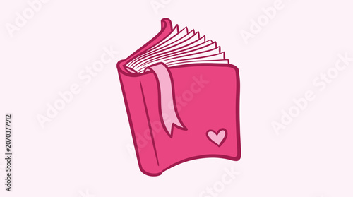 A vibrant pink cartoon book with a heart on the cover and a ribbon bookmark is open to reveal its pages