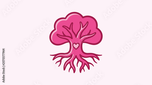 A pink tree with a heart in the center of its trunk and roots on a light pink background
