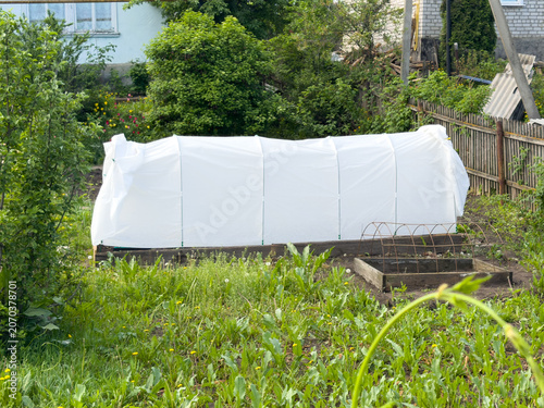 Foto White plastic greenhouse covers garden beds