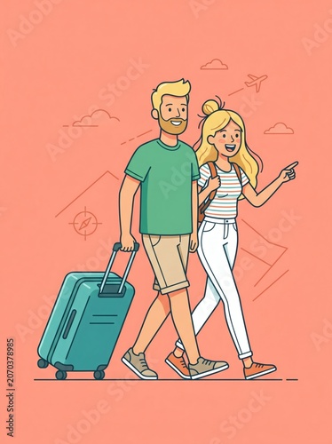 Couple on vacation traveling together happily.