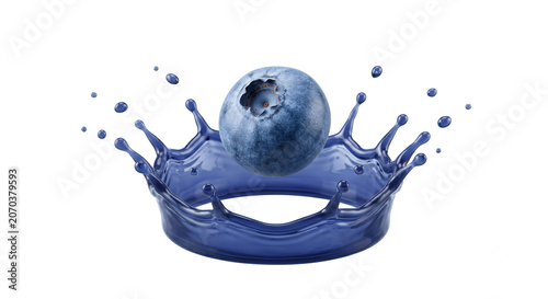 Distant shot of a single blueberry with elegant symmetrical blue juice crown splash