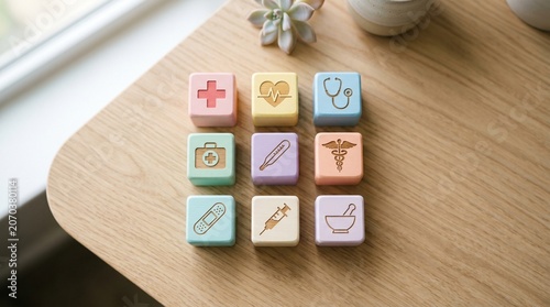 Colorful medical icons on small cubes on a wooden table near a window with a plant