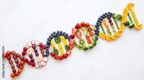 Fresh fruit and vegetables arranged in a dna helix on white background for healthy eating concept