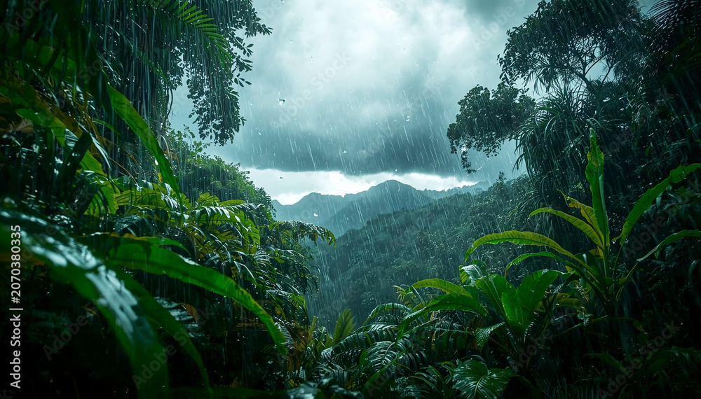 Obraz premium Lush Tropical Rainforest With Misty Mountains