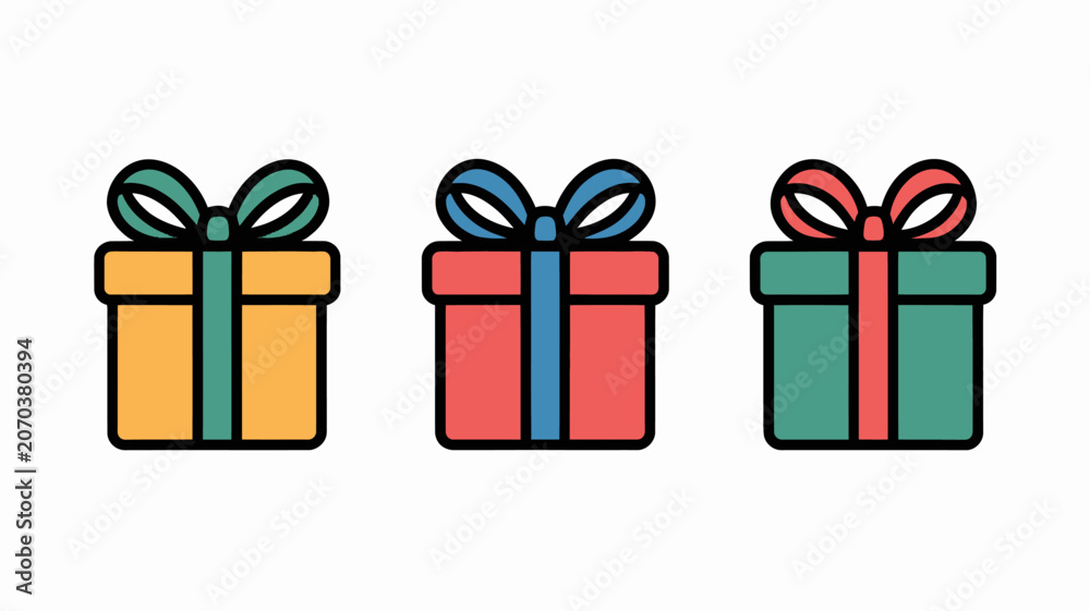 Fototapeta premium Colorful gift box icons with ribbon and bow flat vector illustration on a white background present package wrapping bow