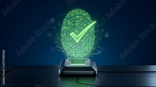 Fingerprint identity verification scanner with glowing green biometric data and security icons, confirming access.