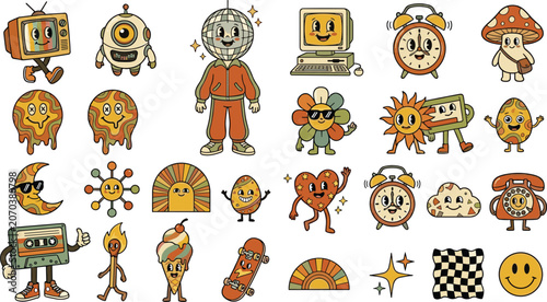 Tableau sur toile Retro cartoon character collection with vintage mascots quirky objects smiling i