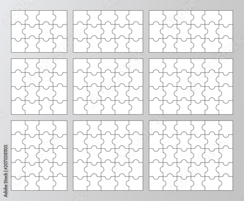 9 puzzles grid collection. Puzzle infographics set. Jigsaw business chain infographic. Process diagram presentation. Business info graphic with steps, parts. Vector illustration