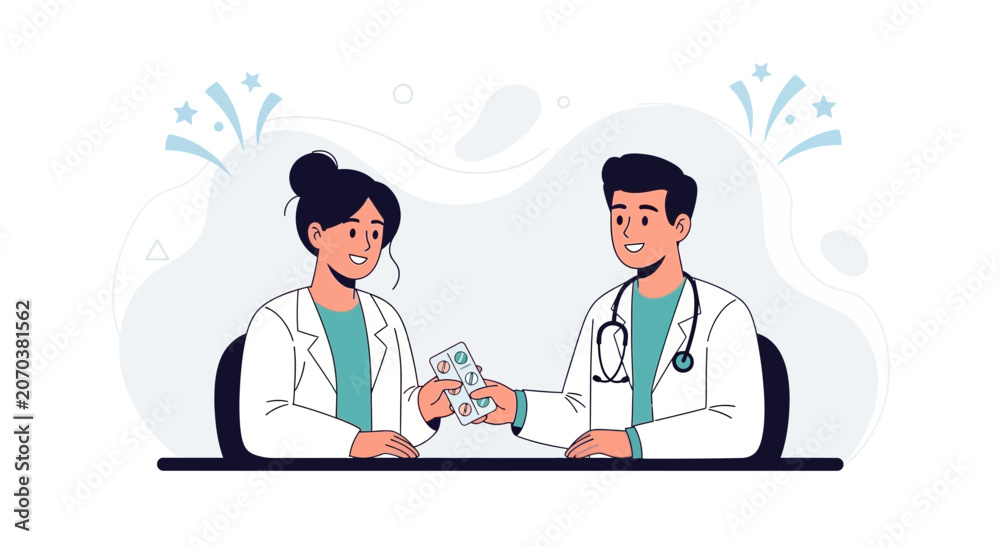Fototapeta premium Doctors in Lab Coats with Pills, Modern Illustration of Healthcare and Medical Consultation