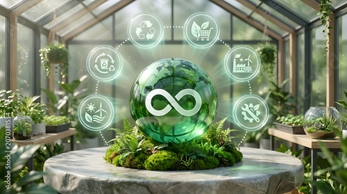 Sustainable Earth graphic with circular economy icons and lush greenery inside a modern greenhouse, symbolizing eco-friendly practices and global environmental responsibility.
