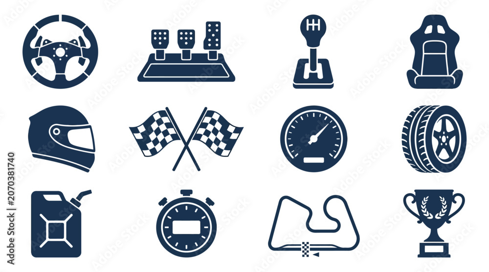 Obraz premium Includes: steering wheel, racing pedal, gear shifter, racing seat, helmet, checkered flag, speedometer, tire, fuel can, stopwatch, track map, trophy cup.