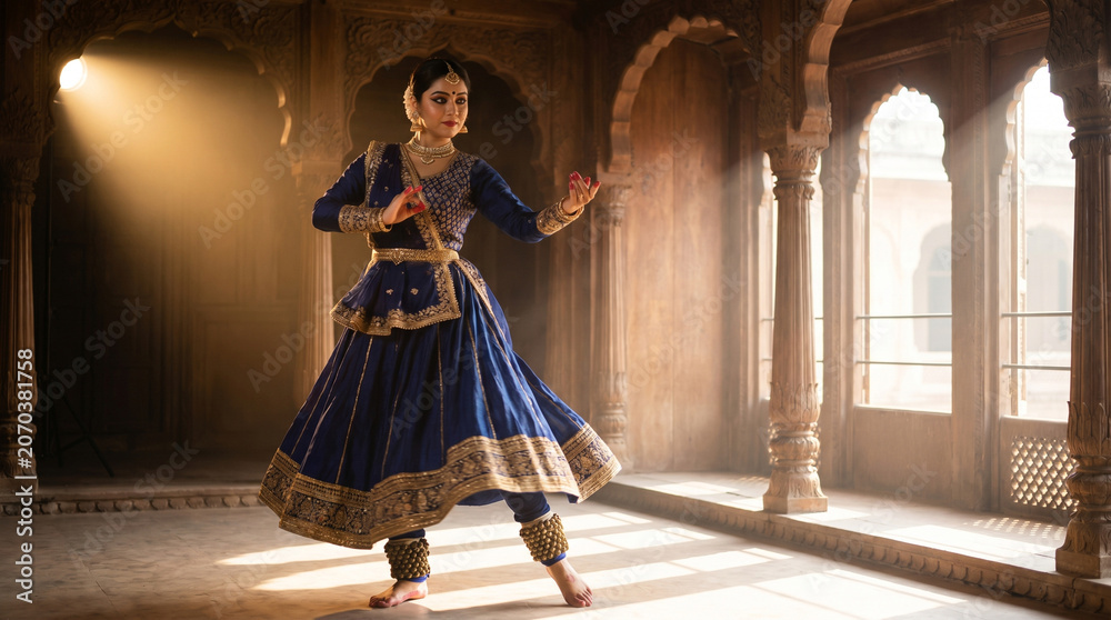 Obraz premium Indian Woman Performing Kathak Dance in Ornate Hall with Sunbeams