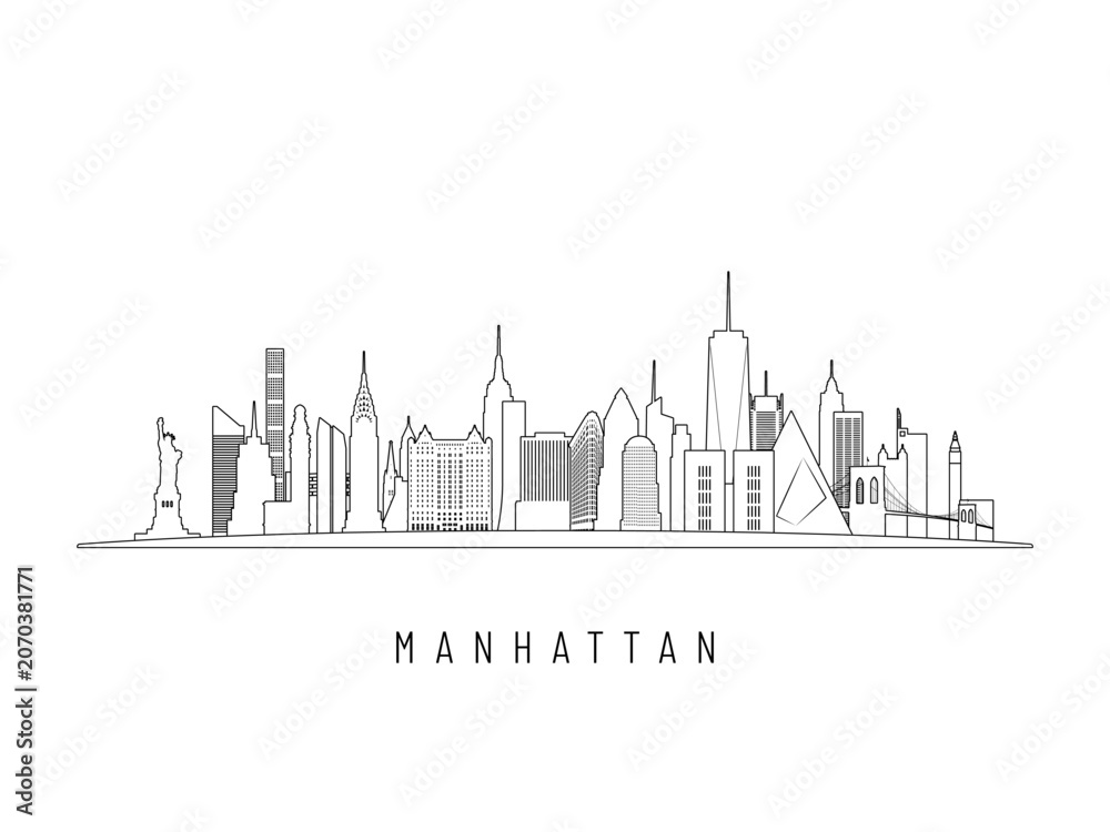 Obraz premium Detailed Manhattan skyline vector illustration. Manhattan buildings in line art style, perfect for modern designs.