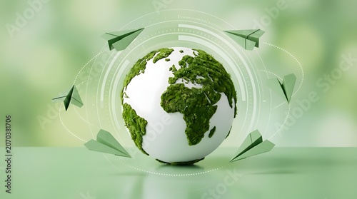 Green Earth with paper airplanes flying around, symbolizing global travel and environmental awareness with a futuristic touch.